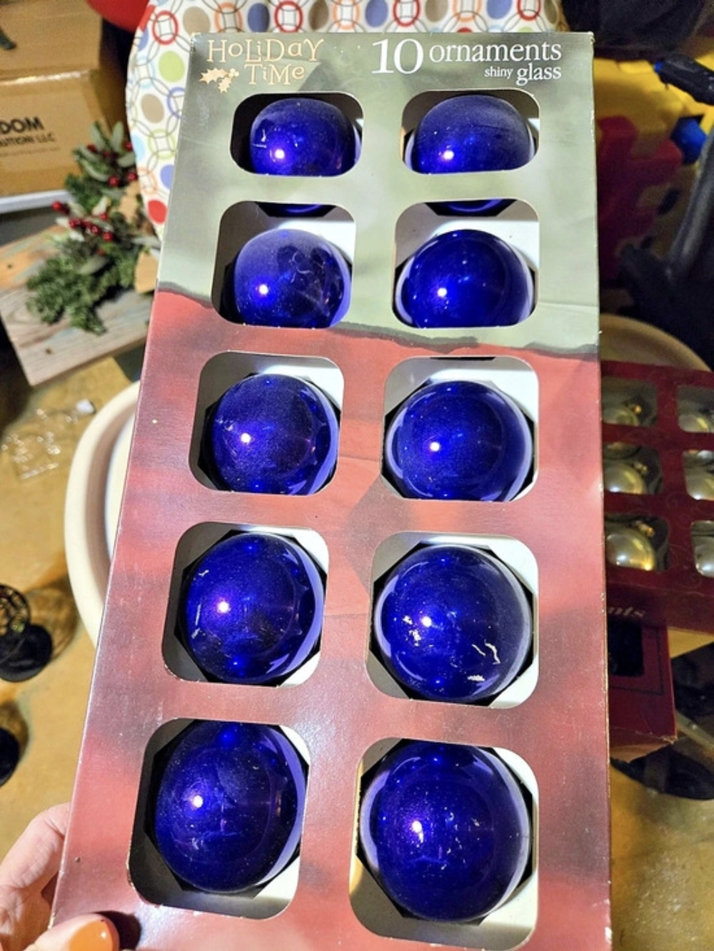 Holiday Time 10 Ornaments Shiny Glass Blue Ball Set